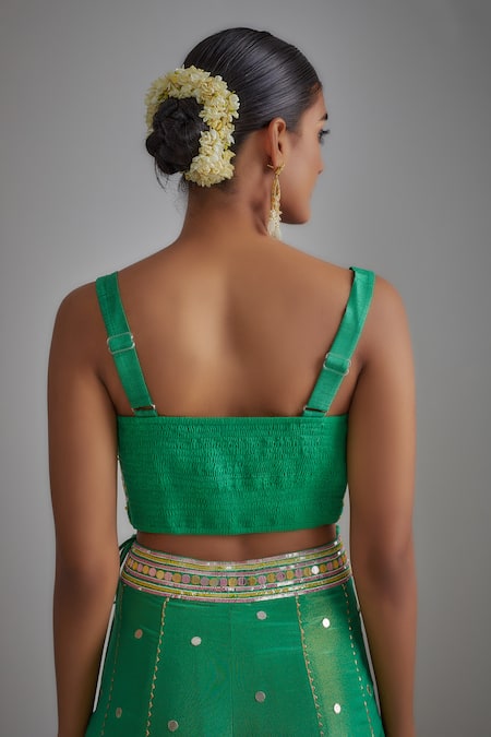 Shop_I Am Design_Green Silk Embroidery, Sequins, Mirrors Open Printed Palazzo And Short Cape Set _Online_at_Aza_Fashions