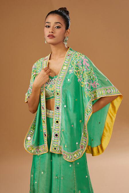 I Am Design_Green Silk Embroidery, Sequins, Mirrors Open Printed Palazzo And Short Cape Set _at_Aza_Fashions