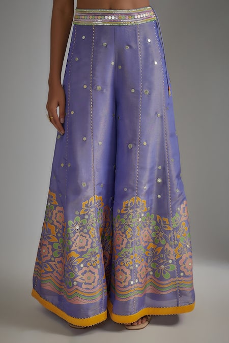 I Am Design Purple Silk Mirrors, Sequins, Embroidery Open Floral Print Palazzo And Cape Set at Aza Fashions I Am Design_Purple Silk Mirrors, Sequins, Embroidery Open Floral Print Palazzo And Cape Set _at_Aza_Fashions