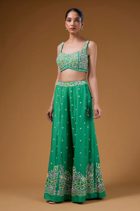 I Am Design Green Silk Embroidery, Sequins Open , Square Floral Palazzo And Cape Set Online at Aza Fashions I Am Design_Green Silk Embroidery, Sequins Open , Square Floral Palazzo And Cape Set _Online_at_Aza_Fashions
