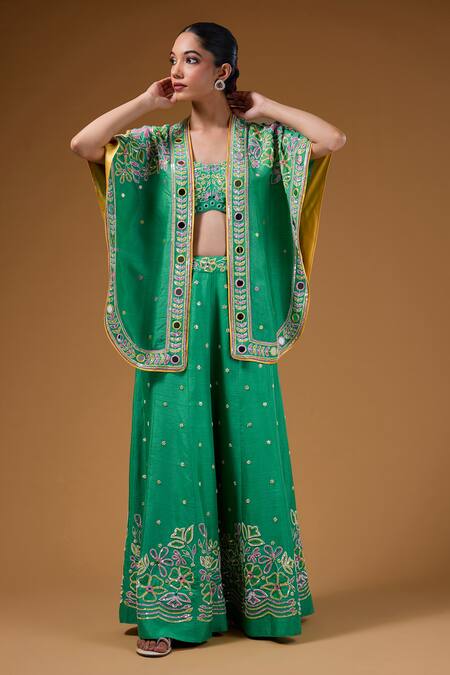 Shop I Am Design Green Silk Embroidery, Sequins Open , Square Floral Palazzo And Cape Set Online at Aza Fashions Shop_I Am Design_Green Silk Embroidery, Sequins Open , Square Floral Palazzo And Cape Set _Online_at_Aza_Fashions