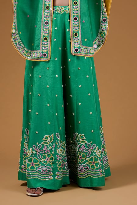 I Am Design Green Silk Embroidery, Sequins Open , Square Floral Palazzo And Cape Set at Aza Fashions I Am Design_Green Silk Embroidery, Sequins Open , Square Floral Palazzo And Cape Set _at_Aza_Fashions