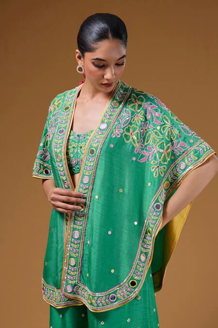 Buy I Am Design Green Silk Embroidery, Sequins Open , Square Floral Palazzo And Cape Set Buy_I Am Design_Green Silk Embroidery, Sequins Open , Square Floral Palazzo And Cape Set