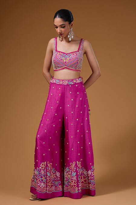 Buy_I Am Design_Magenta Silk Embroidery, Sequins, Mirrors Open Neck, Floral Palazzo And Cape Set _Online_at_Aza_Fashions
