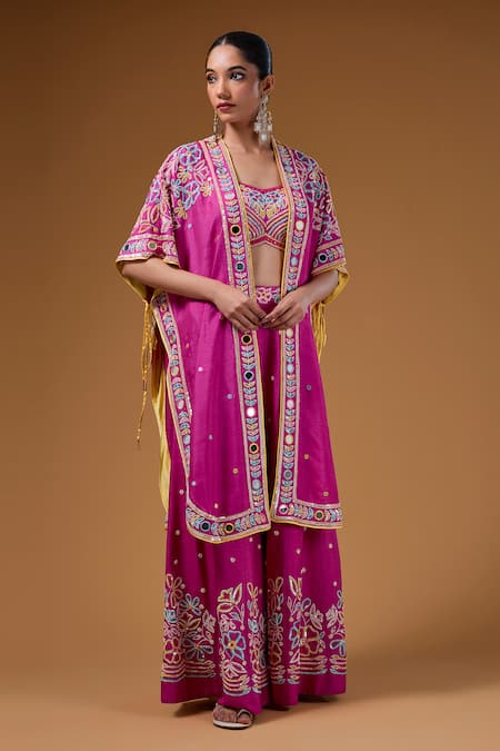 Shop_I Am Design_Magenta Silk Embroidery, Sequins, Mirrors Open Neck, Floral Palazzo And Cape Set _Online_at_Aza_Fashions