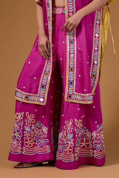 I Am Design_Magenta Silk Embroidery, Sequins, Mirrors Open Neck, Floral Palazzo And Cape Set _at_Aza_Fashions