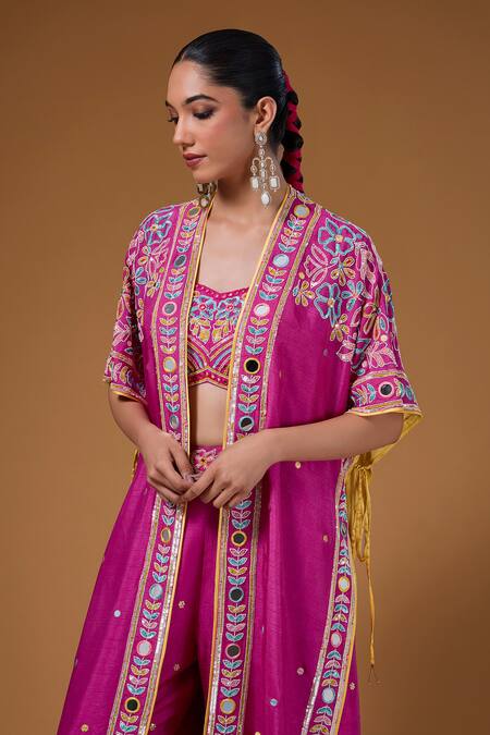 Buy_I Am Design_Magenta Silk Embroidery, Sequins, Mirrors Open Neck, Floral Palazzo And Cape Set 
