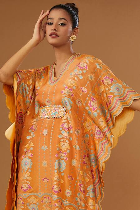Buy_I Am Design_Orange Silk Embroidery, Mirrors, Sequins V-neck Floral Print Kaftan Pant Set _Online_at_Aza_Fashions