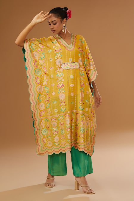 Buy I Am Design Yellow Silk Embroidery, Sequins, Mirrors V-neck Floral Print Kaftan Pant Set Online at Aza Fashions Buy_I Am Design_Yellow Silk Embroidery, Sequins, Mirrors V-neck Floral Print Kaftan Pant Set _Online_at_Aza_Fashions