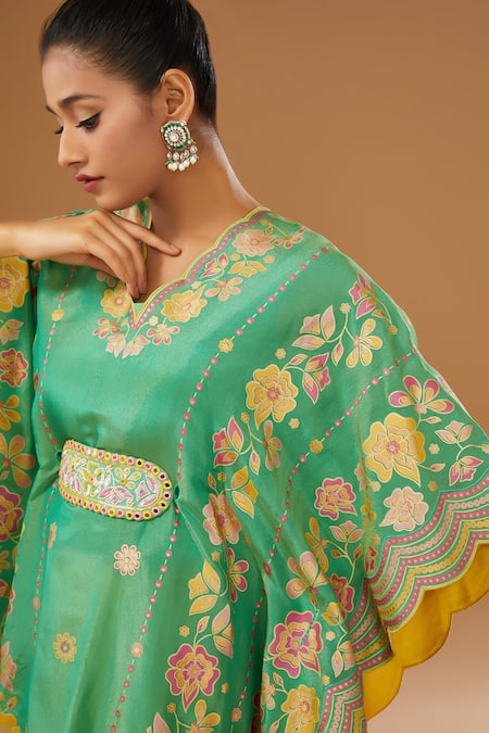 Buy I Am Design Green Silk Embroidery, Mirrors, Sequins V-neck Floral Print Kaftan Pant Set Online at Aza Fashions Buy_I Am Design_Green Silk Embroidery, Mirrors, Sequins V-neck Floral Print Kaftan Pant Set _Online_at_Aza_Fashions