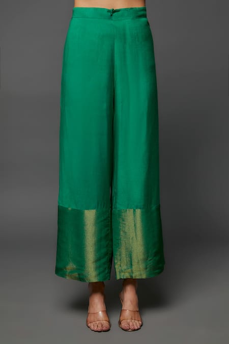 I Am Design_Green Silk Embroidery, Sequins, Mirrors V-neck Floret Print Kaftan Pant Set _Online_at_Aza_Fashions