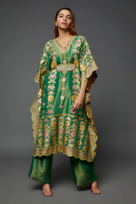Buy_I Am Design_Green Silk Embroidery, Sequins, Mirrors V-neck Floret Print Kaftan Pant Set _Online_at_Aza_Fashions
