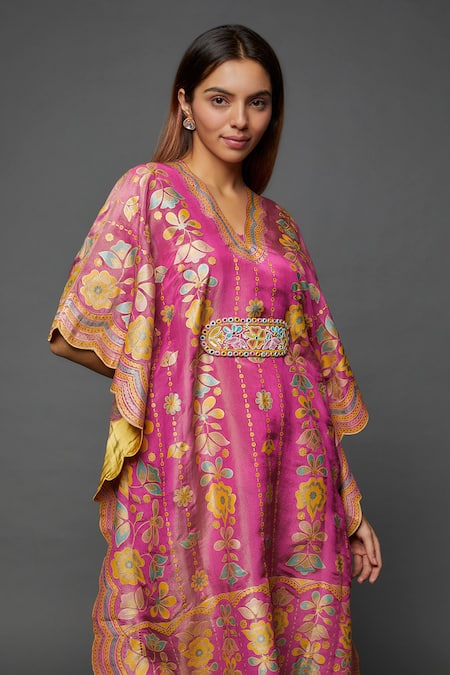 Buy_I Am Design_Pink Silk Foil Printing, Embroidery, Mirrors, Sequins Flower Kaftan Pant Set _Online_at_Aza_Fashions