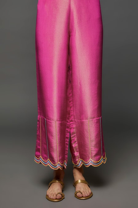 I Am Design_Pink Silk Embroidery, Mirrors, Sequins Round Neck Stripe Kurta Set _Online_at_Aza_Fashions