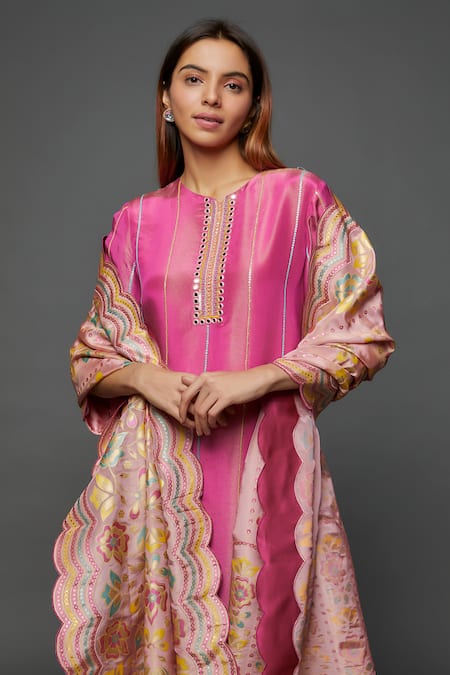 Buy_I Am Design_Pink Silk Embroidery, Mirrors, Sequins Round Neck Stripe Kurta Set _Online_at_Aza_Fashions