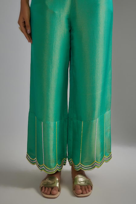 I Am Design_Green Silk Embroidery, Mirrors, Sequins Round Neck Stripe And Floral Kurta Set _Online_at_Aza_Fashions