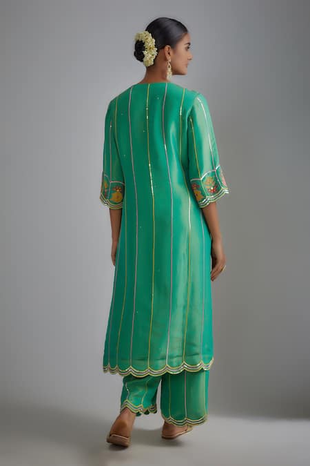 I Am Design Stripe & Floral Embroidered Kurta Set 