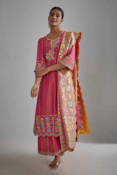 I Am Design Stripe & Flora Embroidered Kurta Set 