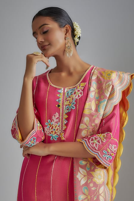 Buy_I Am Design_Pink Silk Embroidery, Mirrors, Sequins Round Neck Stripe And Flora Kurta Set _Online_at_Aza_Fashions