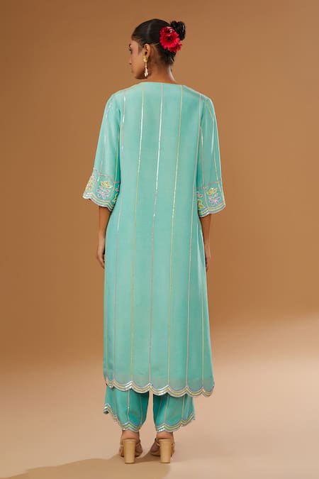 I Am Design Stripe & Flower Embroidered Kurta Set 