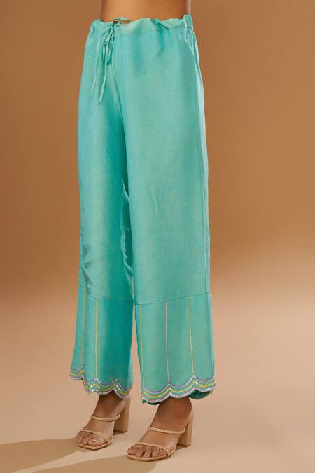 I Am Design_Green Silk Embroidery, Mirrors, Sequins, Foil Stripe And Flower Kurta Set _Online_at_Aza_Fashions