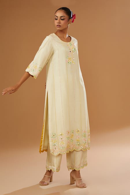I Am Design_Ivory Silk Embroidery, Mirrors, Sequins Round Neck Stripe And Flora Kurta Set _Online_at_Aza_Fashions