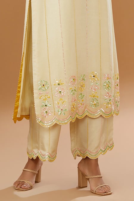 Buy_I Am Design_Ivory Silk Embroidery, Mirrors, Sequins Round Neck Stripe And Flora Kurta Set _Online_at_Aza_Fashions