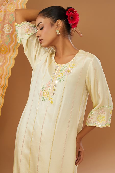 Shop_I Am Design_Ivory Silk Embroidery, Mirrors, Sequins Round Neck Stripe And Flora Kurta Set _Online_at_Aza_Fashions