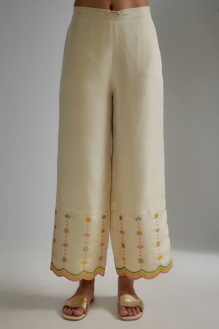 I Am Design_Ivory Silk Embroidery, Mirrors, Sequins Split V-neck Floral Print Kurta Pant Set _Online_at_Aza_Fashions