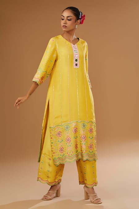 I Am Design_Yellow Silk Embroidery, Mirrors, Sequins, Foil Printing Flora Kurta Pant Set _Online_at_Aza_Fashions