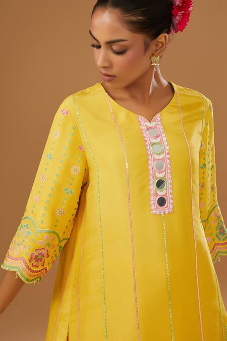 Shop_I Am Design_Yellow Silk Embroidery, Mirrors, Sequins, Foil Printing Flora Kurta Pant Set _Online_at_Aza_Fashions