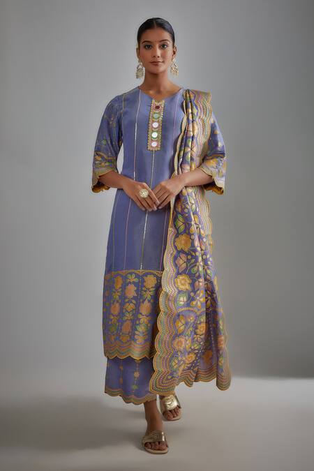 I Am Design Purple Silk Embroidery, Mirrors, Foil Printing V-neck Flower Kurta Pant Set Online at Aza Fashions I Am Design_Purple Silk Embroidery, Mirrors, Foil Printing V-neck Flower Kurta Pant Set _Online_at_Aza_Fashions