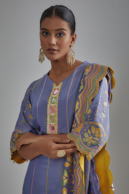 Buy I Am Design Purple Silk Embroidery, Mirrors, Foil Printing V-neck Flower Kurta Pant Set Online at Aza Fashions Buy_I Am Design_Purple Silk Embroidery, Mirrors, Foil Printing V-neck Flower Kurta Pant Set _Online_at_Aza_Fashions