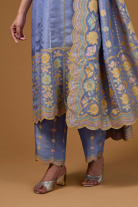 Shop I Am Design Purple Silk Embroidery, Mirrors, Foil Printing V-neck Flower Kurta Pant Set Online at Aza Fashions Shop_I Am Design_Purple Silk Embroidery, Mirrors, Foil Printing V-neck Flower Kurta Pant Set _Online_at_Aza_Fashions