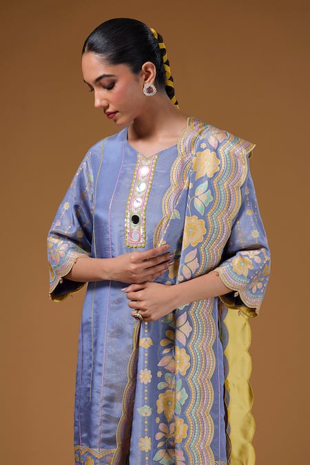 I Am Design Purple Silk Embroidery, Mirrors, Foil Printing V-neck Flower Kurta Pant Set at Aza Fashions I Am Design_Purple Silk Embroidery, Mirrors, Foil Printing V-neck Flower Kurta Pant Set _at_Aza_Fashions