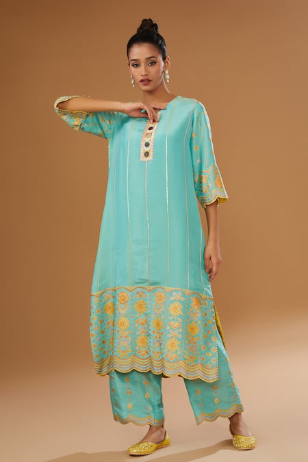 Shop_I Am Design_Blue Silk Embroidery, Mirrors V-neck Flower Print Kurta Pant Set _Online_at_Aza_Fashions