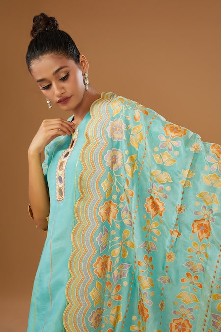 I Am Design_Blue Silk Embroidery, Mirrors V-neck Flower Print Kurta Pant Set _at_Aza_Fashions