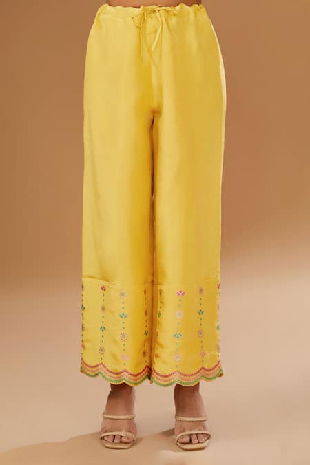 I Am Design_Yellow Silk Foil Printing V-neck Garden Kurta Pant Set _Online_at_Aza_Fashions