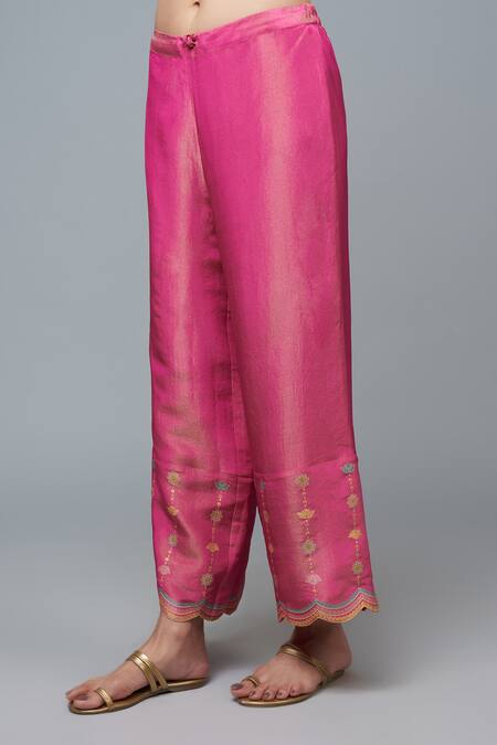 I Am Design_Pink Silk Embroidery, Zari, Foil Printing Split V-neck Bloom Kurta Pant Set _Online_at_Aza_Fashions