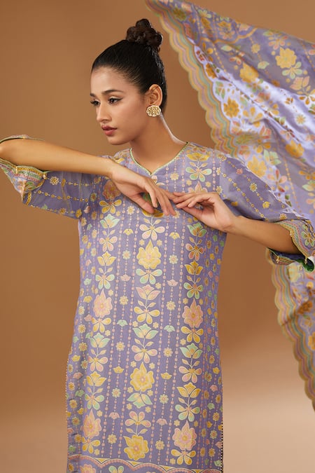 I Am Design_Purple Silk V-neck Garden Print Kurta Set _Online_at_Aza_Fashions