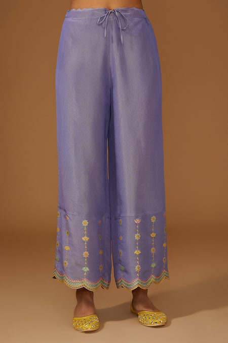 Buy_I Am Design_Purple Silk V-neck Garden Print Kurta Set _Online_at_Aza_Fashions