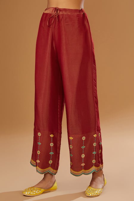 I Am Design_Red Silk Embroidery Split V-neck Blossom Print Kurta Pant Set _Online_at_Aza_Fashions