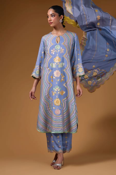 Shop_I Am Design_Purple Silk Zari, Foil Printing Round Neck Bloom And Scallop Kurta Set _Online_at_Aza_Fashions