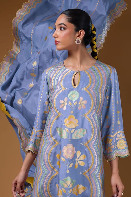 I Am Design_Purple Silk Zari, Foil Printing Round Neck Bloom And Scallop Kurta Set _at_Aza_Fashions