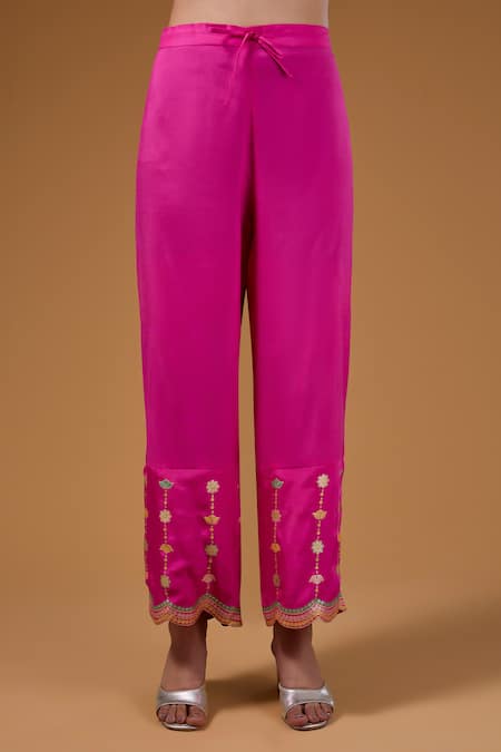 I Am Design Pink Silk Embroidery, Zari Round Neck Bloom And Scallop Print Kurta Set Online at Aza Fashions I Am Design_Pink Silk Embroidery, Zari Round Neck Bloom And Scallop Print Kurta Set _Online_at_Aza_Fashions