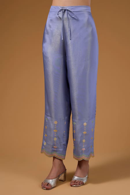 I Am Design_Purple Silk V-neck Flora And Scallop Print Kurta Set _Online_at_Aza_Fashions