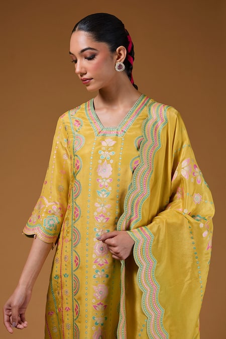 I Am Design Yellow Silk V-neck Blossom Print Kurta Pant Set at Aza Fashions I Am Design_Yellow Silk V-neck Blossom Print Kurta Pant Set _at_Aza_Fashions