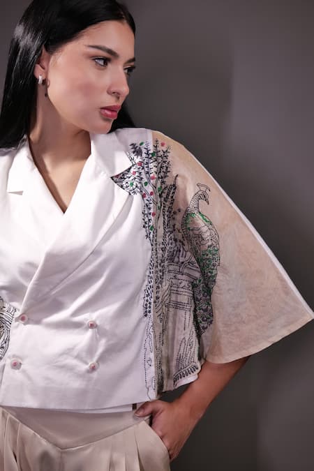 Rahul Singh_Ivory Cotton, Silk Organza, Crepe Kantha And Aari Cape Style Shirt & Trouser _Online_at_Aza_Fashions