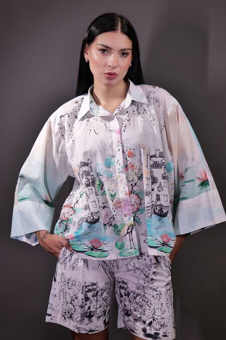 Rahul Singh_Ivory Cotton Collared Printed Shirt And Shorts Set _Online_at_Aza_Fashions