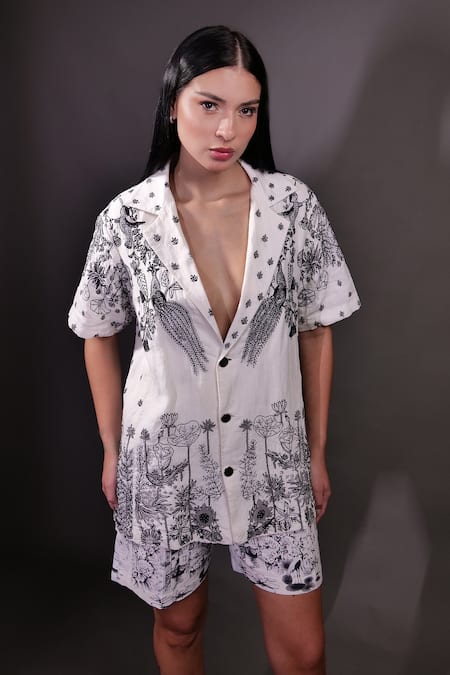 Rahul Singh_Ivory Cotton, Linen Embroidery Collared, Kantha And Aari Shirt & Shorts Set _Online_at_Aza_Fashions